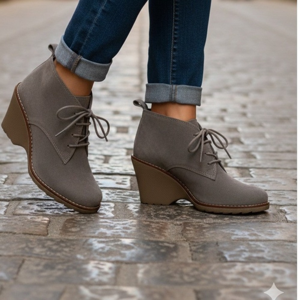 White Mountain Lambert Dark Taupe Suede Wedge Lace Up Ankle Boots F23799